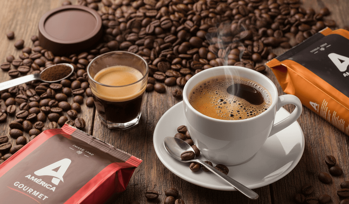 Café América é bom? A imagem mostra o Café América Gourmet em destaque, com grãos e uma xícara de café quente